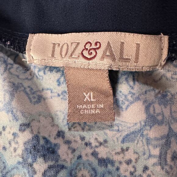 Roz & Ali X-Large Top Geometric Stretch Hi-Low Hem V-Neck Dolman Cap Sleeve Blue - Picture 7 of 9